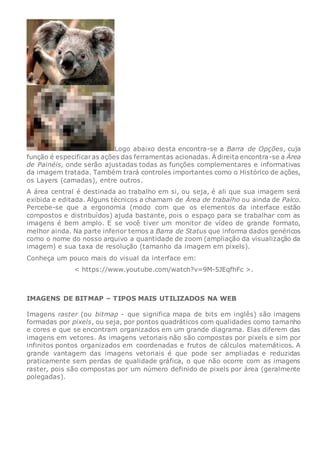 Logo abaixo desta encontra-se a Barra de Opções, cuja
função é especificaras ações das ferramentas acionadas. Á direita encontra-se a Área
de Painéis, onde serão ajustadas todas as funções complementares e informativas
da imagem tratada. Também trará controles importantes como o Histórico de ações,
os Layers (camadas), entre outros.
A área central é destinada ao trabalho em si, ou seja, é ali que sua imagem será
exibida e editada. Alguns técnicos a chamam de Área de trabalho ou ainda de Palco.
Percebe-se que a ergonomia (modo com que os elementos da interface estão
compostos e distribuídos) ajuda bastante, pois o espaço para se trabalhar com as
imagens é bem amplo. E se você tiver um monitor de vídeo de grande formato,
melhor ainda. Na parte inferior temos a Barra de Status que informa dados genéricos
como o nome do nosso arquivo a quantidade de zoom (ampliação da visualização da
imagem) e sua taxa de resolução (tamanho da imagem em pixels).
Conheça um pouco mais do visual da interface em:
< https://www.youtube.com/watch?v=9M-5JEqfhFc >.
IMAGENS DE BITMAP – TIPOS MAIS UTILIZADOS NA WEB
Imagens raster (ou bitmap - que significa mapa de bits em inglês) são imagens
formadas por pixels, ou seja, por pontos quadráticos com qualidades como tamanho
e cores e que se encontram organizados em um grande diagrama. Elas diferem das
imagens em vetores. As imagens vetoriais não são compostas por pixels e sim por
infinitos pontos organizados em coordenadas e frutos de cálculos matemáticos. A
grande vantagem das imagens vetoriais é que pode ser ampliadas e reduzidas
praticamente sem perdas de qualidade gráfica, o que não ocorre com as imagens
raster, pois são compostas por um número definido de pixels por área (geralmente
polegadas).
 