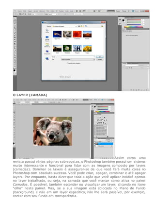O LAYER (CAMADA)
Assim como uma
revista possui várias páginas sobrepostas, o Photoshop também possui um sistema
muito interessante e funcional para lidar com as imagens composto por layers
(camadas). Dominar os layers é assegurar-se de que você fará muita coisa no
Photoshop com absoluto sucesso. Você pode criar, apagar, combinar e até apagar
layers. Por enquanto, basta dizer que toda a ação que você aplicar incidirá apenas
no layer trabalhado, ou seja, na camada que você marcar como ativa no painel
Camadas. É possível, também esconder ou visualizar um layer. clicando no ícone
“olho” neste painel. Mas, se a sua imagem está colocada no Plano de Fundo
(background) e não em um layer específico, não lhe será possível, por exemplo,
contar com seu fundo em transparência.
 