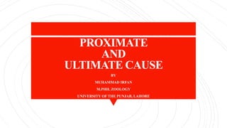 PROXIMATE
AND
ULTIMATE CAUSE
BY
MUHAMMAD IRFAN
M.PHIL ZOOLOGY
UNIVERSITY OF THE PUNJAB, LAHORE
 