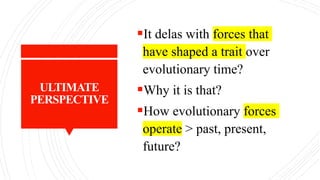 ULTIMATE
PERSPECTIVE
It delas with forces that
have shaped a trait over
evolutionary time?
Why it is that?
How evolutionary forces
operate > past, present,
future?
 