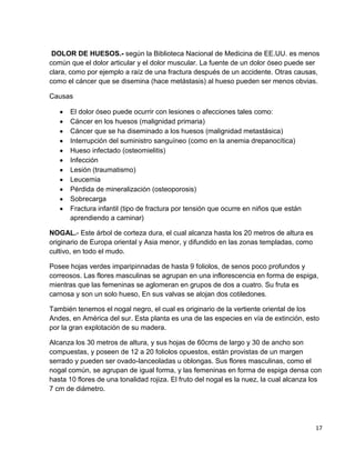DOLOR DE HUESOS.- según la Biblioteca Nacional de Medicina de EE.UU. es menos
común que el dolor articular y el dolor muscular. La fuente de un dolor óseo puede ser
clara, como por ejemplo a raíz de una fractura después de un accidente. Otras causas,
como el cáncer que se disemina (hace metástasis) al hueso pueden ser menos obvias.
Causas
El dolor óseo puede ocurrir con lesiones o afecciones tales como:
Cáncer en los huesos (malignidad primaria)
Cáncer que se ha diseminado a los huesos (malignidad metastásica)
Interrupción del suministro sanguíneo (como en la anemia drepanocítica)
Hueso infectado (osteomielitis)
Infección
Lesión (traumatismo)
Leucemia
Pérdida de mineralización (osteoporosis)
Sobrecarga
Fractura infantil (tipo de fractura por tensión que ocurre en niños que están
aprendiendo a caminar)
NOGAL.- Este árbol de corteza dura, el cual alcanza hasta los 20 metros de altura es
originario de Europa oriental y Asia menor, y difundido en las zonas templadas, como
cultivo, en todo el mudo.
Posee hojas verdes imparipinnadas de hasta 9 foliolos, de senos poco profundos y
correosos. Las flores masculinas se agrupan en una inflorescencia en forma de espiga,
mientras que las femeninas se aglomeran en grupos de dos a cuatro. Su fruta es
carnosa y son un solo hueso, En sus valvas se alojan dos cotiledones.
También tenemos el nogal negro, el cual es originario de la vertiente oriental de los
Andes, en América del sur. Esta planta es una de las especies en vía de extinción, esto
por la gran explotación de su madera.
Alcanza los 30 metros de altura, y sus hojas de 60cms de largo y 30 de ancho son
compuestas, y poseen de 12 a 20 foliolos opuestos, están provistas de un margen
serrado y pueden ser ovado-lanceoladas u oblongas. Sus flores masculinas, como el
nogal común, se agrupan de igual forma, y las femeninas en forma de espiga densa con
hasta 10 flores de una tonalidad rojiza. El fruto del nogal es la nuez, la cual alcanza los
7 cm de diámetro.

17

 