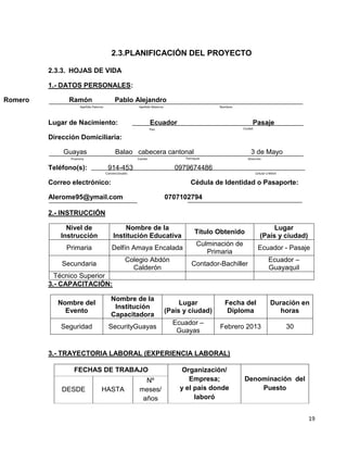 2.3.PLANIFICACIÓN DEL PROYECTO
2.3.3. HOJAS DE VIDA
1.- DATOS PERSONALES:
Romero

Ramón

Pablo Alejandro

Apellido Paterno

Apellido Materno

Lugar de Nacimiento:

Nombres

Ecuador

Pasaje
Ciudad

País

Dirección Domiciliaria:
Guayas

Balao cabecera cantonal

Provincia

Teléfono(s):

3 de Mayo

Parroquia

Cantón

914-453

Dirección

0979674486

Convencionales

Celular o Móvil

Correo electrónico:

Cédula de Identidad o Pasaporte:

Alerome95@ymail.com

0707102794

2.- INSTRUCCIÓN
Nivel de
Instrucción

Nombre de la
Institución Educativa

Título Obtenido

Lugar
(País y ciudad)

Primaria

Delfín Amaya Encalada

Culminación de
Primaria

Ecuador - Pasaje

Secundaria

Colegio Abdón
Calderón

Contador-Bachiller

Ecuador –
Guayaquil

Técnico Superior
3.- CAPACITACIÓN:
Nombre del
Evento

Nombre de la
Institución
Capacitadora

Lugar
(País y ciudad)

Fecha del
Diploma

Duración en
horas

Seguridad

SecurityGuayas

Ecuador –
Guayas

Febrero 2013

30

3.- TRAYECTORIA LABORAL (EXPERIENCIA LABORAL)
FECHAS DE TRABAJO
DESDE

HASTA

Nº
meses/
años

Organización/
Empresa;
y el país donde
laboró

Denominación del
Puesto

19

 