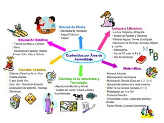 Contenidos por Área de Aprendizaje. Lengua y Literatura. Lectura, Caligrafía y Ortografía.  Dictado de Palabras y Oraciones Palabras Agudas, Graves y Esdrújulas. Descripción de Personas, Animales, Objetos y Lugares. Instrucciones. Uso de “M” antes de P y B. Uso del diccionario Matemática. Números Naturales Descomposición de números Multiplicación Sencilla. (Tabla del 1, 2 , 3 y 4) Ubicación de números en a recta numérica. Orden de los números naturales. (>,<,=) Multiplicación por 10 y 100 Problemas Sencillos Líneas rectas, curvas, poligonales abiertas y cerradas. Figuras Planas y Cuerpos Geométricos. Ciencias de la naturaleza y Tecnología. Reproducción Humana y Animal Cuidado del cuerpo, la boca y dientes Los Materiales. Ciencias Sociales. Deberes y Derechos de los niños. Historia personal El país donde Vivo. Educ. Vial – Orientación Espacial Conservación del ambiente - Reciclaje Efemérides. Educación Estética Técnica del dibujo y la pintura Ritmo Elementos de Expresión Plástica (Líneas, Color, Valor y Textura). Educación Física   Actividades de Recreación Juegos Didácticos  Paseos 