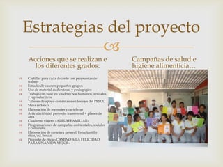 
Estrategias del proyecto
Acciones que se realizan e
los diferentes grados:
 Cartillas para cada docente con propuestas de
trabajo
 Estudio de caso en pequeños grupos
 Uso de material audiovisual y pedagógico
 Trabajo con base en los derechos humanos, sexuales
y reproductivos
 Talleres de apoyo con énfasis en los ejes del PESCC
 Mesa redonda
 Elaboración de mensajes y carteleras
 Articulación del proyecto transversal + planes de
área
 Cuaderno viajero «ALBUM FAMILIAR»
 Programaciones de campañas ambientales, sociales
y culturales
 Elaboración de cartelera general. Estudiantil y
ética/ed. Sexual
 Proyecto de ética «CAMINO A LA FELICIDAD
PARA UNA VIDA MEJOR»
Campañas de salud e
higiene alimenticia…
 