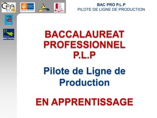 BAC PRO P.L.P
PILOTE DE LIGNE DE PRODUCTION
BACCALAUREAT
PROFESSIONNEL
P.L.P
Pilote de Ligne de
Production
EN APPRENTISSAGE
 