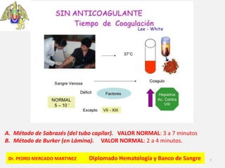 Dr. PEDRO MERCADO MARTINEZ Diplomado Hematología y Banco de Sangre 7
A. Método de Sabrazés (del tubo capilar). VALOR NORMAL: 3 a 7 minutos
B. Método de Burker (en Lámina). VALOR NORMAL: 2 a 4 minutos.
 