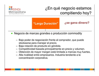 ¿En qué negocio estamos
                                compitiendo hoy?

               “Larga Duración”           ¿se gana dinero?


Negocio de marcas grandes o producción commodity

 – Bajo poder de negociación frente al comprador, que puede
   stockearse para manejar el precio.
 – Baja rotación de producto en góndola.
 – Competitividad basada principalmente en precio y volumen.
 – Obtención de mayor margen está limitada a marcas muy fuertes.
 – Alta rivalidad entre empresarios. Industria tendiente a la
   concentración corporativa.
 