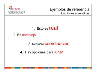 Ejemplos de referencia
                             Lecciones aprendidas




           1. Esto es real
2. Es complejo

         3. Requiere coordinación

    4. Hay opciones para jugar
 