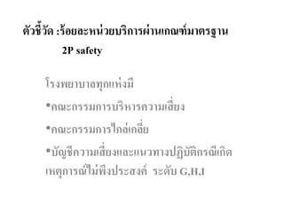 ตัวชี้วัด :ร้อยละหน่วยบริการผ่านเกณฑ์มาตรฐาน
2P safety
โรงพยาบาลทุกแห่งมี
•คณะกรรมการบริหารความเสี่ยง
•คณะกรรมการไกล่เกลี่ย
•บัญชีความเสี่ยงและแนวทางปฏิบัติกรณีเกิด
เหตุการณ์ไม่พึงประสงค์ ระดับ G,H,I
 