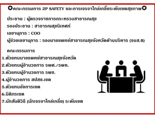 คณะกรรมการ 2P SAFETY และการเจรจาไกล่เกลี่ยระดับเขตสุขภาพ
ประธาน : ผู้ตรวจราชการกระทรวงสาธารณสุข
รองประธาน : สาธารณสุขนิเทศก์
เลขานุการ : COO
ผู้ช่วยเลขานุการ : รองนายแพทย์สาธารณสุขจังหวัดด้านบริหาร (จบส.8)
คณะกรรมการ
1.ตัวแทนนายแพทย์สาธารณสุขจังหวัด
2.ตัวแทนผู้อานวยการ รพศ./รพท.
3.ตัวแทนผู้อานวยการ รพช.
4.ผู้อานวยการ สปสช.เขต
5.ตัวแทนอัยการเขต
6.นิติกรเขต
7.นักสันติวิธี (นักเจรจาไกล่เกลี่ย) ระดับเขต
 
