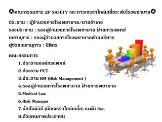 คณะกรรมการ 2P SAFETY และการเจรจาไกล่เกลี่ยระดับโรงพยาบาล
ประธาน : ผู้อานวยการโรงพยาบาล/นายอาเภอ
รองประธาน : รองผู้อานวยการโรงพยาบาล ฝ่ ายการแพทย์
เลขานุการ : รองผู้อานวยการโรงพยาบาลด้านบริหาร
ผู้ช่วยเลขานุการ : นิติกร
คณะกรรมการ
1.ประธานองค์กรแพทย์
2.ประธาน PCT
3.ประธาน RM (Risk Management )
4.รองผู้อานวยการโรงพยาบาล ฝ่ ายการพยาบาล
5.Medical Law
6.Risk Manager
7.นักสันติวิธี (นักเจรจาไกล่เกลี่ย) ระดับ รพ.
8.ตัวแทนภาคประชาชน
 