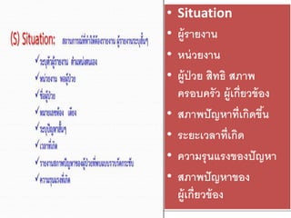 • Situation
• ผู้รายงาน
• หน่วยงาน
• ผู้ป่วย สิทธิ สภาพ
ครอบครัว ผู้เกี่ยวข้อง
• สภาพปัญหาที่เกิดขึ้น
• ระยะเวลาที่เกิด
• ความรุนแรงของปัญหา
• สภาพปัญหาของ
ผู้เกี่ยวข้อง
 