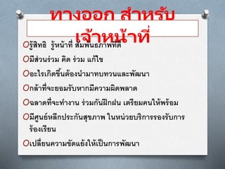 ทางออก สาหรับ
เจ้าหน้าที่
Oรู้สิทธิ รู้หน้าที่ สัมพันธภาพที่ดี
Oมีส่วนร่วม คิด ร่วม แก้ไข
Oอะไรเกิดขึ้นต้องนามาทบทวนและพัฒนา
Oกล้าที่จะยอมรับหากมีความผิดพลาด
Oฉลาดที่จะทางาน ร่วมกันฝึกฝน เตรียมคนให้พร้อม
Oมีศูนย์หลีกประกันสุขภาพ ในหน่วยบริการรองรับการ
ร้องเรียน
Oเปลี่ยนความขัดแย้งให้เป็นการพัฒนา
 
