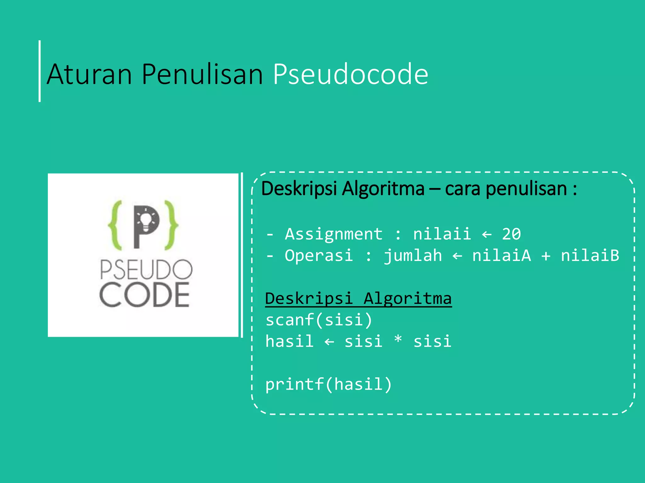 Aturan Penulisan Pseudocode
Deskripsi Algoritma – cara penulisan :
- Assignment : nilaii ← 20
- Operasi : jumlah ← nilaiA + nilaiB
Deskripsi Algoritma
scanf(sisi)
hasil ← sisi * sisi
printf(hasil)
 