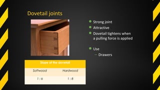 Slope of the dovetail
Softwood Hardwood
1 : 6 1 : 8
Dovetail joints
Strong joint
Attractive
Dovetail tightens when
a pulling force is applied
Use
– Drawers
 