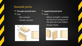 Through dovetail joint
Uses
– Box carcases
– Drawer carcases
Dovetail joints
Lapped dovetail joint
Used
– Where strength is needed,
but the front end grain of
the tails has to be hidden
– Drawer fronts
 