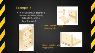 Example 2
 In the unit shown, describe a
suitable method of joining:
A
S
A
B
− Base B to side A with
finger joints
− Shelf S to side A using
a housing joint
− Side A to the shelf S
− Base B to side A
 