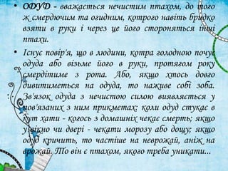 • ОДУД - вважається нечистим птахом, до того
ж смердючим та огидним, котрого навіть бридко
взяти в руки і через це його стороняться інші
птахи.
• Існує повір'я, що в людини, котра голодною почує
одуда або візьме його в руки, протягом року
смердітиме з рота. Або, якщо хтось довго
дивитиметься на одуда, то наживе собі зоба.
Зв'язок одуда з нечистою силою виявляється у
пов'язаних з ним прикметах: коли одуд стукає в
кут хати - когось з домашніх чекає смерть; якщо
у вікно чи двері - чекати морозу або дощу; якщо
одуд кричить, то частіше на неврожай, аніж на
врожай. То він є птахом, якого треба уникати...
 