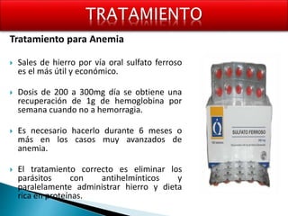 Tratamiento para Anemia
 Sales de hierro por vía oral sulfato ferroso
es el más útil y económico.
 Dosis de 200 a 300mg día se obtiene una
recuperación de 1g de hemoglobina por
semana cuando no a hemorragia.
 Es necesario hacerlo durante 6 meses o
más en los casos muy avanzados de
anemia.
 El tratamiento correcto es eliminar los
parásitos con antihelmínticos y
paralelamente administrar hierro y dieta
rica en proteínas.
 