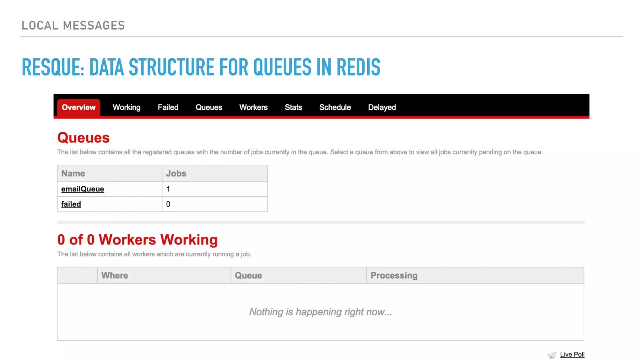 LOCAL MESSAGES
RESQUE: DATA STRUCTURE FOR QUEUES IN REDIS
 