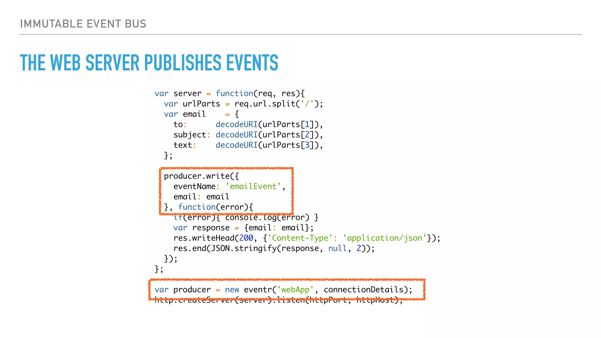 IMMUTABLE EVENT BUS
THE WEB SERVER PUBLISHES EVENTS
var server = function(req, res){
var urlParts = req.url.split('/');
var email = {
to: decodeURI(urlParts[1]),
subject: decodeURI(urlParts[2]),
text: decodeURI(urlParts[3]),
};
producer.write({
eventName: 'emailEvent',
email: email
}, function(error){
if(error){ console.log(error) }
var response = {email: email};
res.writeHead(200, {'Content-Type': 'application/json'});
res.end(JSON.stringify(response, null, 2));
});
};
var producer = new eventr('webApp', connectionDetails);
http.createServer(server).listen(httpPort, httpHost);
 