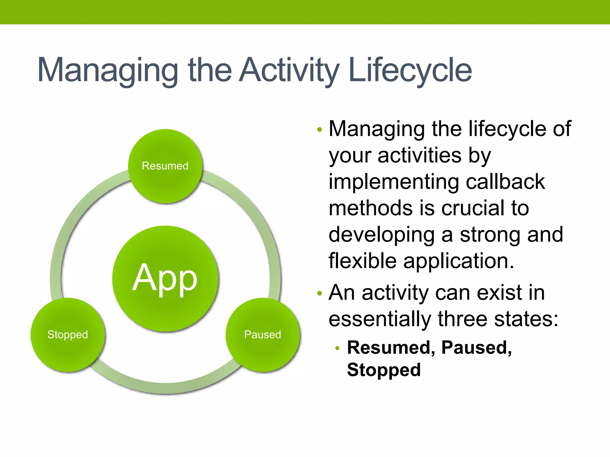 Managing the Activity Lifecycle
App
Resumed
PausedStopped
• Managing the lifecycle of
your activities by
implementing callback
methods is crucial to
developing a strong and
flexible application.
• An activity can exist in
essentially three states:
• Resumed, Paused,
Stopped
 
