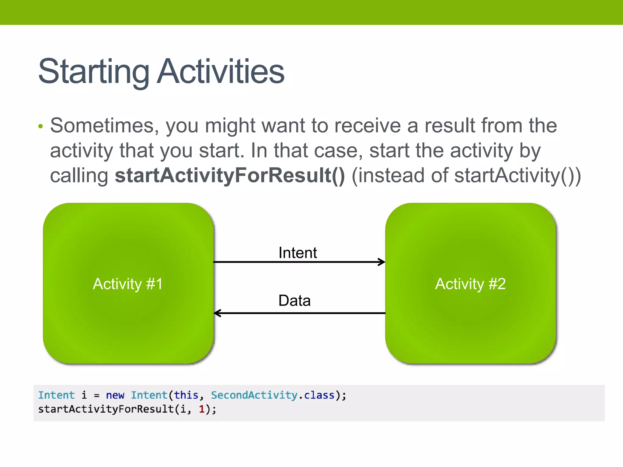Starting Activities
• Sometimes, you might want to receive a result from the
activity that you start. In that case, start the activity by
calling startActivityForResult() (instead of startActivity())
Activity #1 Activity #2
Intent
Data
 