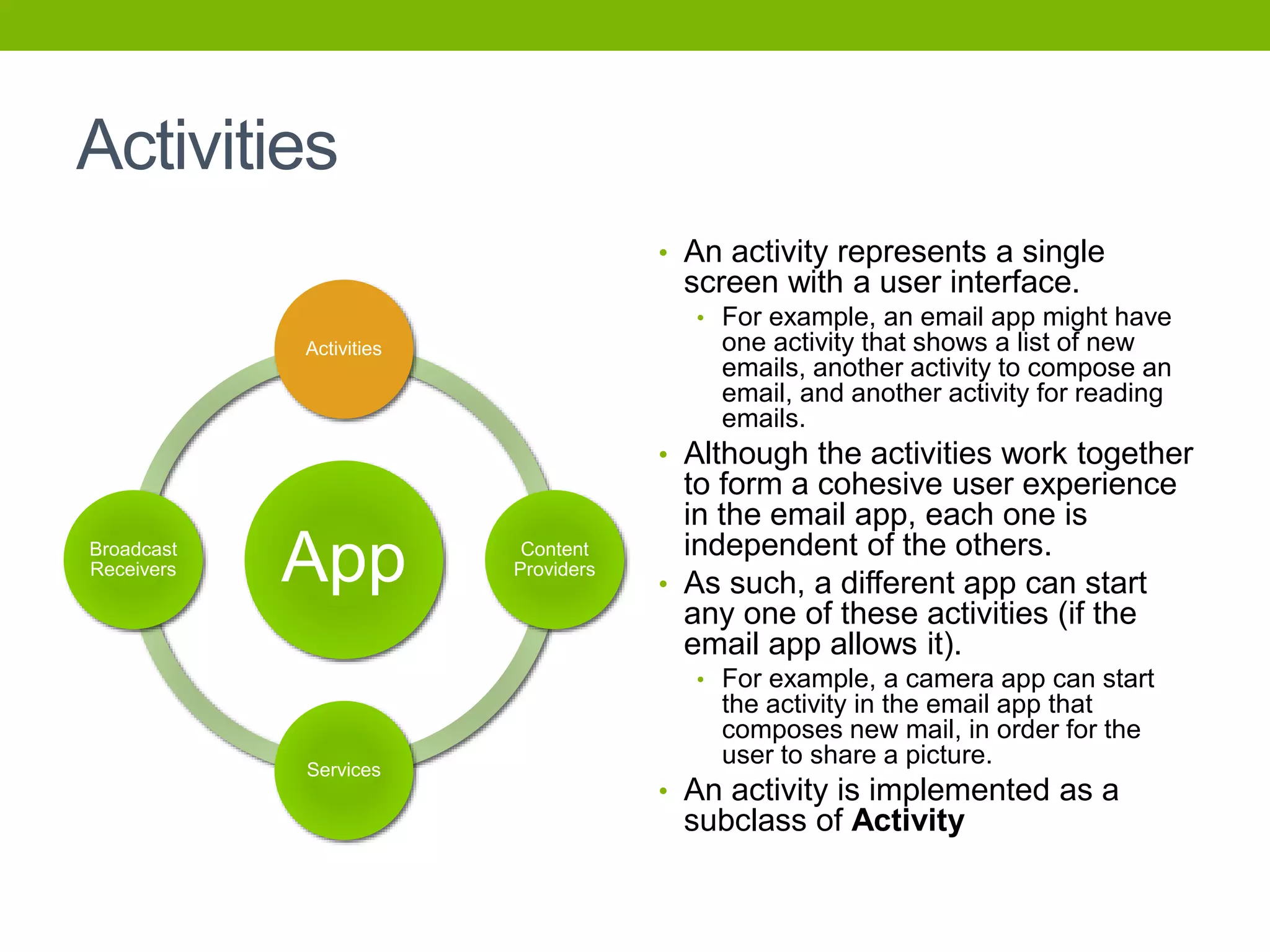 Activities
• An activity represents a single
screen with a user interface.
• For example, an email app might have
one activity that shows a list of new
emails, another activity to compose an
email, and another activity for reading
emails.
• Although the activities work together
to form a cohesive user experience
in the email app, each one is
independent of the others.
• As such, a different app can start
any one of these activities (if the
email app allows it).
• For example, a camera app can start
the activity in the email app that
composes new mail, in order for the
user to share a picture.
• An activity is implemented as a
subclass of Activity
App
Activities
Content
Providers
Services
Broadcast
Receivers
 