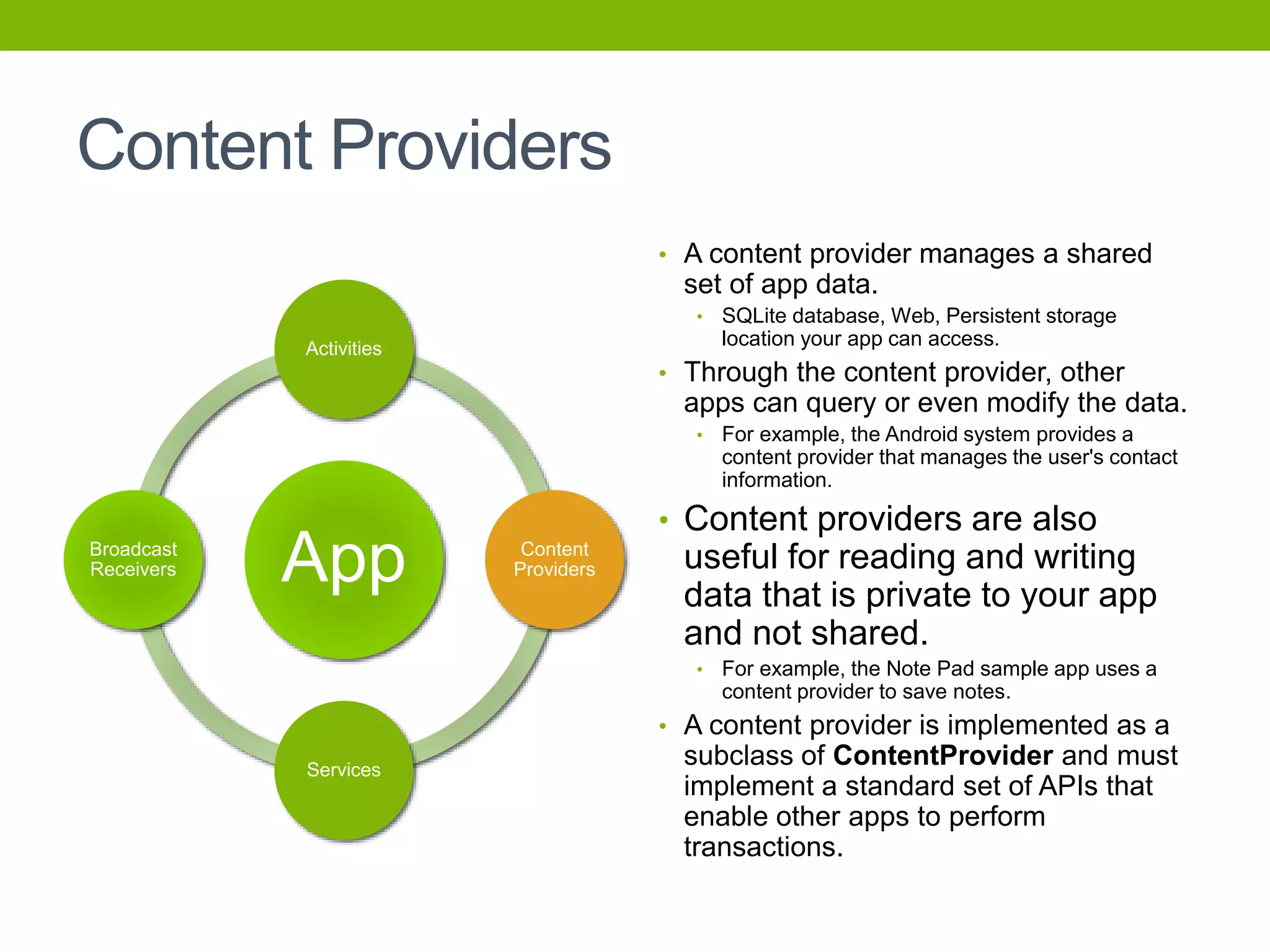 Content Providers
• A content provider manages a shared
set of app data.
• SQLite database, Web, Persistent storage
location your app can access.
• Through the content provider, other
apps can query or even modify the data.
• For example, the Android system provides a
content provider that manages the user's contact
information.
• Content providers are also
useful for reading and writing
data that is private to your app
and not shared.
• For example, the Note Pad sample app uses a
content provider to save notes.
• A content provider is implemented as a
subclass of ContentProvider and must
implement a standard set of APIs that
enable other apps to perform
transactions.
App
Activities
Content
Providers
Services
Broadcast
Receivers
 