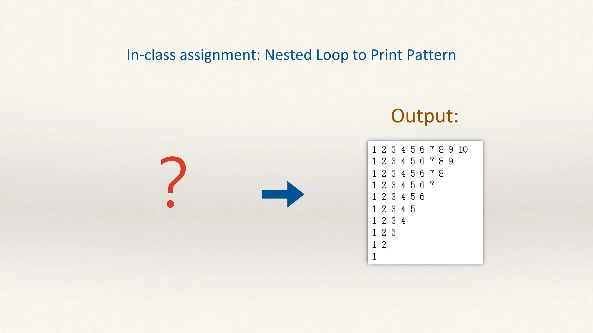 In-class assignment: Nested Loop to Print Pattern
？
Output:
 