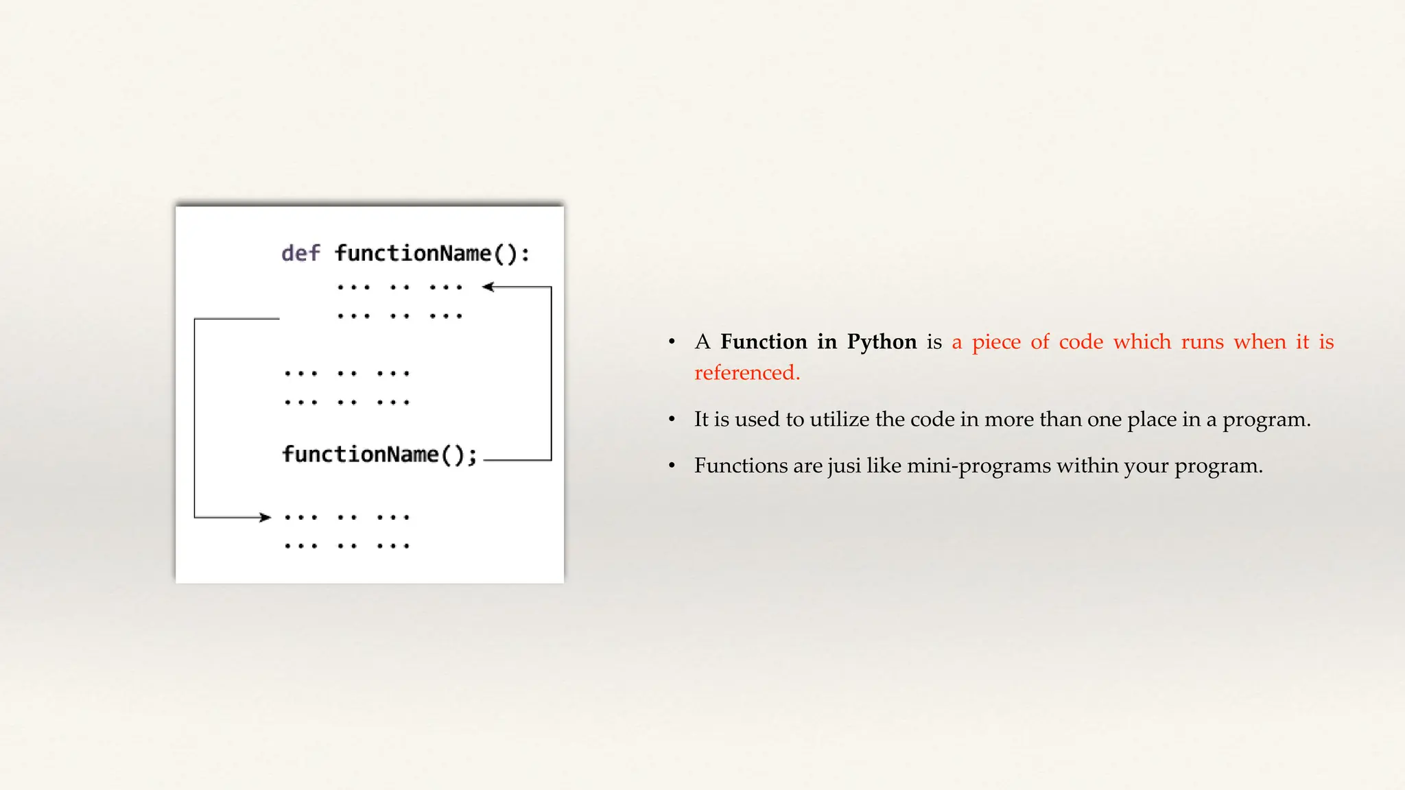 • A Function in Python is a piece of code which runs when it is
referenced.
• It is used to utilize the code in more than one place in a program.
• Functions are jusi like mini-programs within your program.
 