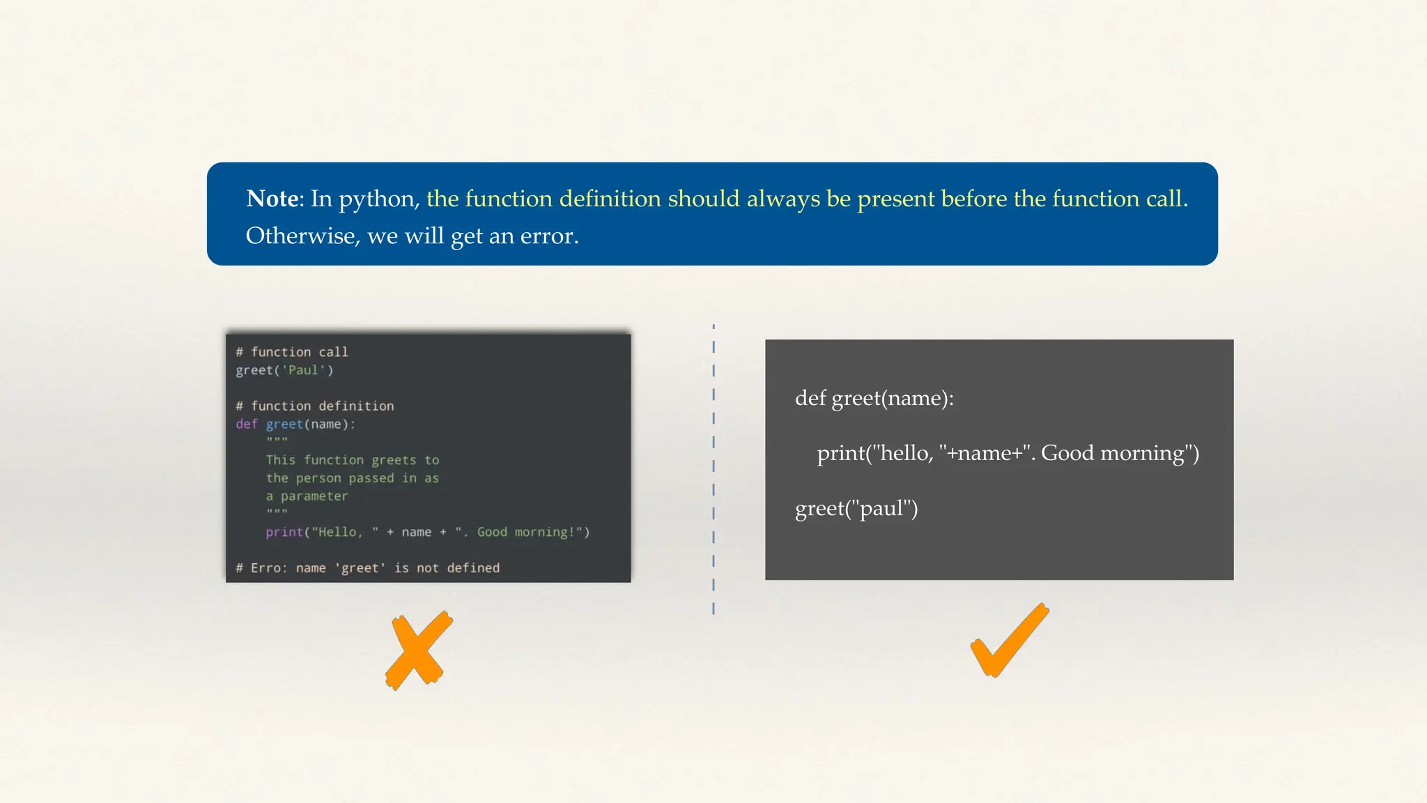 Note: In python, the function definition should always be present before the function call.
Otherwise, we will get an error.
def greet(name):
print("hello, "+name+". Good morning")
greet("paul")
 