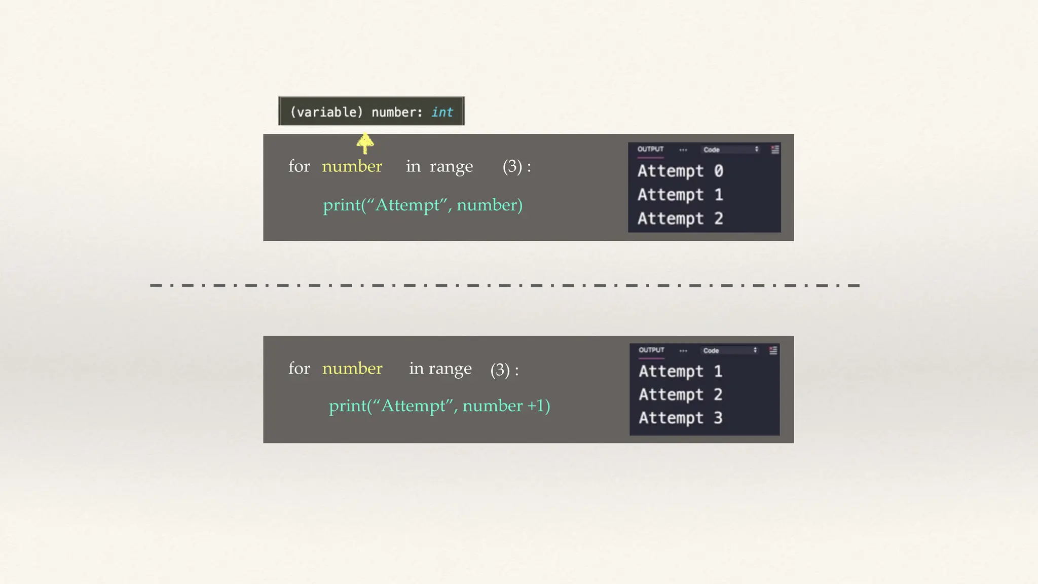 for number in range (3) :
print(“Attempt”, number)
for number in range (3) :
print(“Attempt”, number +1)
 