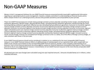 Western Union's management believes the non-GAAP financial measures presented provide meaningful supplemental information
regarding our operating results to assist management, investors, analysts, and others in understanding our financial results and to
better analyze trends in our underlying business, because they provide consistency and comparability to prior periods.
These non-GAAP financial measures include revenue change constant currency adjusted; operating income margin, excluding Paymap
settlement agreement; EBITDA margin; adjusted EBITDA margin, excluding Paymap settlement agreement; diluted earnings per share,
excluding Paymap settlement agreement; effective tax rate, excluding Paymap settlement agreement; Consumer-to-Consumer segment
revenue change constant currency adjusted; Consumer-to-Consumer segment principal per transaction change constant currency
adjusted; Consumer-to-Consumer segment cross-border principal change constant currency adjusted; Consumer-to-Consumer segment
region and westernunion.com revenue change constant currency adjusted; Consumer-to-Business segment revenue change constant
currency adjusted; Consumer-to-Business segment operating income margin, excluding Paymap settlement agreement; Business
Solutions segment revenue change constant currency adjusted; and Business Solutions segment EBITDA margin. Constant currency
results assume foreign revenues are translated from foreign currencies to the U.S. dollar, net of the effect of foreign currency hedges, at
rates consistent with those in the prior year.
A non-GAAP financial measure should not be considered in isolation or as a substitute for the most comparable GAAP financial
measure. A non-GAAP financial measure reflects an additional way of viewing aspects of our operations that, when viewed with our
GAAP results and the reconciliation to the corresponding GAAP financial measure, provide a more complete understanding of our
business. Users of the financial statements are encouraged to review our financial statements and publicly-filed reports in their entirety
and not to rely on any single financial measure. A reconciliation of non-GAAP financial measures to the most directly comparable GAAP
financial measures is included below.
All adjusted year-over-year changes were calculated using prior year reported amounts. Amounts included below are in millions, unless
indicated otherwise.
Non-GAAP Measures
21
 
