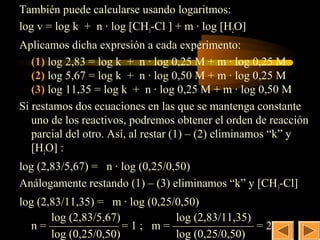 También puede calcularse usando logaritmos:       16
log v = log k + n · log [CH3-Cl ] + m · log [H2O]
Aplicamos dicha expresión a cada experimento:
   (1) log 2,83 = log k + n · log 0,25 M + m · log 0,25 M
   (2) log 5,67 = log k + n · log 0,50 M + m · log 0,25 M
   (3) log 11,35 = log k + n · log 0,25 M + m · log 0,50 M
Si restamos dos ecuaciones en las que se mantenga constante
   uno de los reactivos, podremos obtener el orden de reacción
   parcial del otro. Así, al restar (1) – (2) eliminamos “k” y
   [H2O] :
log (2,83/5,67) = n · log (0,25/0,50)
Análogamente restando (1) – (3) eliminamos “k” y [CH3-Cl]
log (2,83/11,35) = m · log (0,25/0,50)
       log (2,83/5,67)           log (2,83/11,35)
   n = —————— = 1 ; m = ——————— = 2
       log (0,25/0,50)           log (0,25/0,50)
 