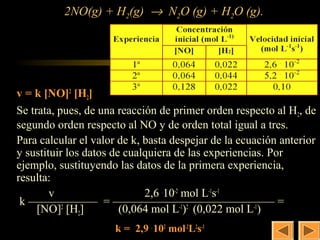 2NO(g) + H2(g) → N2O (g) + H2O (g).
                                           19




v = k [NO]2 [H2]
Se trata, pues, de una reacción de primer orden respecto al H2, de
segundo orden respecto al NO y de orden total igual a tres.
Para calcular el valor de k, basta despejar de la ecuación anterior
y sustituir los datos de cualquiera de las experiencias. Por
ejemplo, sustituyendo las datos de la primera experiencia,
resulta:
        v                    2,6 .10-2 mol L-1s-1
 k —————— = —————————————— =
     [NO]2 [H2]         (0,064 mol L-1)2 . (0,022 mol L-1)
                      k = 2,9 . 102 mol-2L2s-1
 
