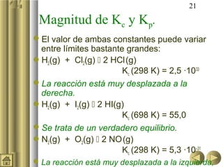 21

 Magnitud de Kc y Kp.
El valor de ambas constantes puede variar
 entre límites bastante grandes:
H2(g) + Cl2(g)  2 HCl (g)
                       Kc (298 K) = 2,5 ·1033
La reacción está muy desplazada a la
 derecha.
H2(g) + I2(g)  2 HI(g)
                       Kc (698 K) = 55,0
Se trata de un verdadero equilibrio.
N2(g) + O2(g)  2 NO (g)
                       Kc (298 K) = 5,3 ·10–31
 La reacción está muy desplazada a la izquierda,
 
