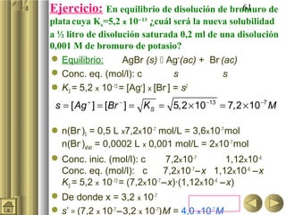 Ejercicio: En equilibrio de disolución de bromuro de
                                             61
plata cuya Ks=5,2 x 10−13 ¿cuál será la nueva solubilidad
a ½ litro de disolución saturada 0,2 ml de una disolución
0,001 M de bromuro de potasio?
 Equilibrio:       AgBr (s)  Ag+(ac) + Br−(ac)
 Conc. eq. (mol/l): c             s         s
 KS = 5,2 x 10−13 = [Ag+] x [Br−] = s2
 s = [ Ag + ] = [Br − ] = K S = 5,2 × 10 −13 = 7,2 × 10 −7 M

 n(Br−)0 = 0,5 L x7,2x10−7 mol/L = 3,6x10−7 mol
  n(Br−)añad = 0,0002 L x 0,001 mol/L = 2x10−7 mol
 Conc. inic. (mol/l): c        7,2x10−7        1,12x10−6
  Conc. eq. (mol/l): c          7,2x10−7 −x 1,12x10−6 −x
  KS = 5,2 x 10−13 = (7,2x10−7 −x)·(1,12x10−6 −x)
 De donde x = 3,2 x 10−7
 s’ = (7,2 x 10−7 −3,2 x 10−7) M = 4,0 x10−7 M
 
