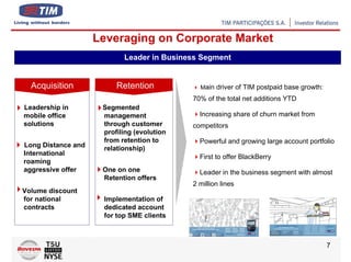 Leveraging on Corporate Market
                           Leader in Business Segment


  Acquisition            Retention            Main driver of TIM postpaid base growth:
                                            70% of the total net additions YTD
Leadership in        Segmented
mobile office        management               Increasing share of churn market from
solutions            through customer       competitors
                     profiling (evolution
                     from retention to        Powerful and growing large account portfolio
Long Distance and    relationship)
International
                                              First to offer BlackBerry
roaming
aggressive offer     One on one               Leader in the business segment with almost
                     Retention offers
                                            2 million lines
Volume discount
for national         Implementation of
contracts            dedicated account
                     for top SME clients



                                                                                         7
 