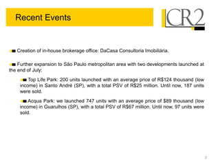 Recent Events


   Creation of in-house brokerage office: DaCasa Consultoria Imobiliária.

    Further expansion to São Paulo metropolitan area with two developments launched at
the end of July:
        Top Life Park: 200 units launched with an average price of R$124 thousand (low
    income) in Santo André (SP), with a total PSV of R$25 million. Until now, 187 units
    were sold.
        Acqua Park: we launched 747 units with an average price of $89 thousand (low
    income) in Guarulhos (SP), with a total PSV of R$67 million. Until now, 97 units were
    sold.




                                                                                            3
 