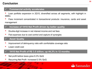 26
Conclusion

     Commercial activity accelerates
 • Loan portfolio expansion in 2Q10, diversified across all segments, with highlight in
 SMEs
 •   Fees increment concentrated in transactional products: insurance, cards and asset
 management

     Increase of 1H10 Net Profit driven by better quality
 •   Double-digit increase in net interest income and net fees
 •   Flat expenses due to cost control and capture of synergies

     Asset Quality
 •   Improvement of delinquency ratio with comfortable coverage ratio
 •   Lower credit cost

     1H10 Net Profit of R$ 3.5 billion, up 44,3% in 12 months
 •   Net profit before taxes grew 6.3% QoQ
 •   Recurring Net Profit increased 2.3% QoQ
 