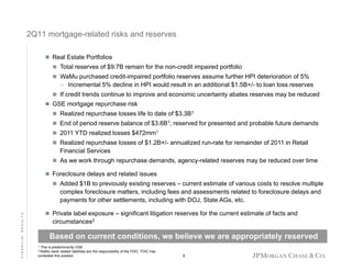 2Q11 mortgage-related risks and reserves
mortgage related
 Real Estate Portfolios
 Total reserves of $9 7B remain for the non-credit impaired portfolio
$9.7B
non credit
 WaMu purchased credit-impaired portfolio reserves assume further HPI deterioration of 5%

– Incremental 5% decline in HPI would result in an additional $1.5B+/- to loan loss reserves
 If credit trends continue to improve and economic uncertainty abates reserves may be reduced
 GSE mortgage repurchase risk
t
h
i k
 Realized repurchase losses life to date of $3.3B1
 End of period reserve balance of $3.6B1; reserved for presented and probable future demands
 2011 YTD realized losses $472mm1
$
 Realized repurchase losses of $1.2B+/- annualized run-rate for remainder of 2011 in Retail

Financial Services
 As we work through repurchase demands, agency-related reserves may be reduced over time
 Foreclosure delays and related issues
 Added $1B to previously existing reserves – current estimate of various costs to resolve multiple

FINANCIAL RESULTS

complex foreclosure matters, including fees and assessments related to foreclosure delays and
payments for other settlements, including with DOJ, State AGs, etc.
 Private label exposure – significant litigation reserves for the current estimate of facts and

circumstances2

Based on current conditions we believe we are appropriately reserved
conditions,
1

This is predominantly GSE
bank related liabilities are the responsibility of the FDIC. FDIC has
contested this position
2 WaMu

8

 