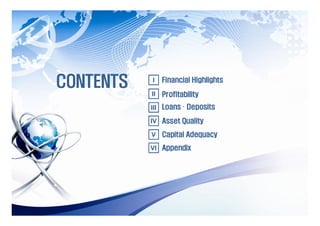 CONTENTS   I    Financial Highlights

           II   Profitability
           III Loans ∙ Deposits

           IV Asset Quality

           V Capital Adequacy

           VI Appendix
 