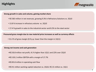 2
Highlights
Strong growth in sales and volume, gaining market share
• R$ 583 million in net revenues, growing 9.3% in Refractory Solutions vs. 2Q10
• 13.8 % increase in refractory volume vs. 2Q10
• 17.4 % growth in sales to the industrial sector and 8.2% to the steel sector
Strong net income and cash generation
•R$ 30.8 million net profit, 41 % higher than 1Q11 and 22% over 2Q10
•R$ 103.2 million EBITDA with a margin of 17.7%
•R$ 85.8 million in operating cash flow
•R$ 91 million working capital reduction vs. 2Q10, R$ 15 million vs. 1Q11
Pressured gross margin due to raw material price increases as well as currency effects
• 31.4 % of gross margin (0.9 p.p. lower than the margin in 1Q11)
 