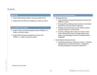 Outlook
NIM & NII

Consumer & Community Banking

 Expect NIM relatively stable in the second half of 2013

 Mortgage Banking
 Total quarterly net charge-offs expected to be less than

 Expect the Firm's NII to be modestly up in 3Q13 vs. 2Q131

$250mm in 3Q13
 If charge-offs and delinquencies continue to trend down,

there will be continued reserve reductions
 Realized repurchase losses may be offset by reserve

Corporate/Private Equity

reductions based on current trends

 Expect Treasury and CIO quarterly net loss of $300mm +/-;

 If primary mortgage rates remain at or above current

likely to vary each quarter

levels, refinance volumes and margins will be under
pressure and Mortgage Production profitability will be
challenged

 Expect Other Corporate quarterly net income to be

$100mm +/-; likely to vary each quarter

 Card, Merchant Services & Auto
 If portfolio performance continues to improve – including

FINANCIAL RESULTS

delinquencies and restructured loans – potential for
incremental releases in the second half of 2013

1

Replaces previous NII guidance

15

 