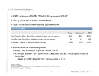2Q13 Financial highlights
 2Q13 net income of $6.5B; EPS of $1.60; revenue of $26.0B1
 Strong performance across our businesses
 2Q13 results included the following significant items
$mm, excluding EPS

Pretax
Real Estate Portfolios – Benefit from reduced mortgage loan loss reserves

Net income2

EPS2

Corporate – Expense for additional litigation reserves

$589

$0.15

550

341

0.09

(600)

Card Services – Benefit from reduced credit card loan loss reserves

$950

(372)

(0.09)

 Fortress balance sheet strengthened
 Basel I Tier 1 common of $147B; ratio of 10.4%3

FINANCIAL RESULTS

 Estimated Basel III Tier 1 common of $148B; ratio of 9.3%, including the impact of

final rules4
– Based on NPR5, Basel III Tier 1 common ratio of 9.1%
1 See

note 1 on slide 22
Assumes a tax rate of 38%
3 See note 4 on slide 22 and the Basel I Tier 1 capital ratio on page 39 of the Firm’s 2Q13 earnings release financial supplement
4 Final Basel III capital rules issued July 2, 2013
5 Final Basel 2.5 rules and Basel III Advanced NPR
2

1

 