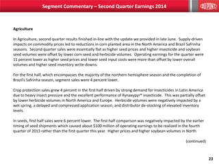 23
Segment Commentary – Second Quarter Earnings 2014
Agriculture
In Agriculture, second quarter results finished in-line with the update we provided in late June. Supply-driven
impacts on commodity prices led to reductions in corn planted area in the North America and Brazil Safrinha
seasons. Second quarter sales were essentially flat as higher seed prices and higher insecticide and soybean
seed volumes were offset by lower corn seed and herbicide volumes. Operating earnings for the quarter were
11 percent lower as higher seed prices and lower seed input costs were more than offset by lower overall
volumes and higher seed inventory write-downs.
For the first half, which encompasses the majority of the northern hemisphere season and the completion of
Brazil’s Safrinha season, segment sales were 4 percent lower.
Crop protection sales grew 4 percent in the first half driven by strong demand for insecticides in Latin America
due to heavy insect pressure and the excellent performance of Rynaxypyr® insecticide. This was partially offset
by lower herbicide volumes in North America and Europe. Herbicide volumes were negatively impacted by a
wet spring, a delayed and compressed application season, and distributor de-stocking of elevated inventory
levels.
In seeds, first half sales were 6 percent lower. The first half comparison was negatively impacted by the earlier
timing of seed shipments which caused about $100 million of operating earnings to be realized in the fourth
quarter of 2013 rather than the first quarter this year. Higher prices and higher soybean volumes in North
(continued)
 