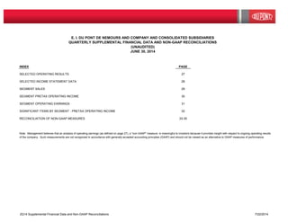 INDEX PAGE
SELECTED OPERATING RESULTS 27
SELECTED INCOME STATEMENT DATA 28
SEGMENT SALES 29
SEGMENT PRETAX OPERATING INCOME 30
SEGMENT OPERATING EARNINGS 31
SIGNIFICANT ITEMS BY SEGMENT - PRETAX OPERATING INCOME 32
RECONCILIATION OF NON-GAAP MEASURES 33-35
Note: Management believes that an analysis of operating earnings (as defined on page 27), a "non-GAAP" measure, is meaningful to investors because it provides insight with respect to ongoing operating results
of the company. Such measurements are not recognized in accordance with generally accepted accounting principles (GAAP) and should not be viewed as an alternative to GAAP measures of performance.
E. I. DU PONT DE NEMOURS AND COMPANY AND CONSOLIDATED SUBSIDIARIES
QUARTERLY SUPPLEMENTAL FINANCIAL DATA AND NON-GAAP RECONCILIATIONS
(UNAUDITED)
JUNE 30, 2014
2Q14 Supplemental Financial Data and Non-GAAP Reconciliations 7/22/2014
 