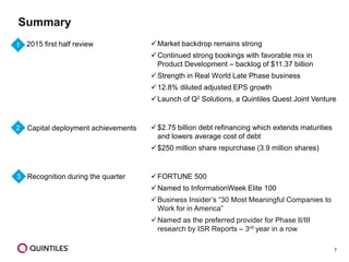 7
Market backdrop remains strong
Continued strong bookings with favorable mix in
Product Development – backlog of $11.37 billion
Strength in Real World Late Phase business
12.8% diluted adjusted EPS growth
Launch of Q2 Solutions, a Quintiles Quest Joint Venture
$2.75 billion debt refinancing which extends maturities
and lowers average cost of debt
$250 million share repurchase (3.9 million shares)
FORTUNE 500
Named to InformationWeek Elite 100
Business Insider’s “30 Most Meaningful Companies to
Work for in America”
Named as the preferred provider for Phase II/III
research by ISR Reports – 3rd year in a row
2015 first half review1
3
Capital deployment achievements
Recognition during the quarter
2
Summary
 