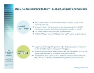 © 2015
Information Services
Group, Inc.
All Rights Reserved
isg-one.com
*Contracts with ACV ≥ €4M from the ISG Contracts Knowledgebase®
17
2Q15 Global Market sets a record for number of contract awards as the
busiest quarter ever.
Structural industry change towards smaller deal values as first-half ACV
matches pre-Recession levels, but with double the number of awards.
The Americas logs strong, consistent quarter and half;
EMEA and AP post sequential ACV gains but lag Y/Y against tough compares.
Expect near double digit Y/Y growth in 3Q in 2015 as European markets and
smaller G-2000 companies step up contracting pace.
Long term, transformative work in industry will take priority over focus on cost
savings; new spend will be on revenue generation initiatives.
Providers that adapt rapidly to cloud platforms and digitization will flourish;
those focused on driving competitors from yesterday’s business will not.
2Q15 ISG Outsourcing Index™ - Global Summary and Outlook
summary
market
outlook
market
 